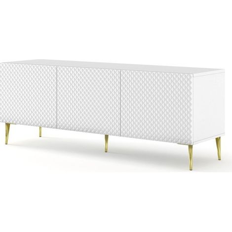 Meuble TV meuble Hi-fi sur pied Blanc Mat 150x42x56cm RAVI C DIAMANT Pied or (1/2)
