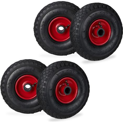 Pack de cuatro ruedas de carretilla, 3.00-4, Llanta de acero, Eje de 25mm, Negro-rojo (1/5)