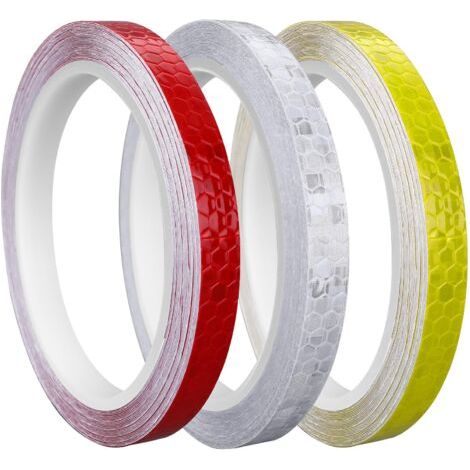 Lot de 3 rouleaux de bande réfléchissante autocollante - 10 mm x 10 m - Autocollants réfléchissants - Étanche - Pour vélos, casques, motos (rouge, blanc, jaune) (1/5)