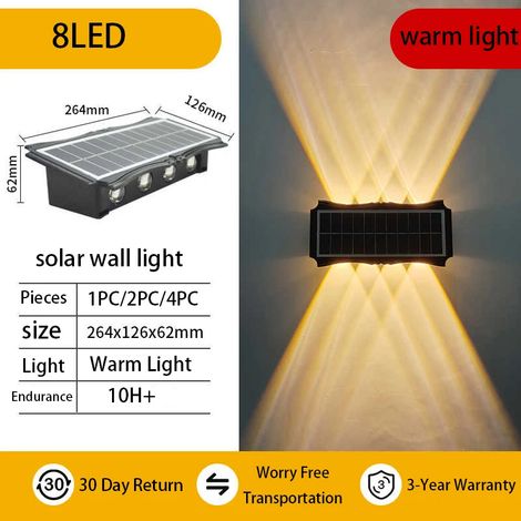 (1 lampe solaire murale extérieure à 8 LED, lumière chaude, étanche, éclairage vers le haut et vers le bas, pour balcon, cour ou jardin). Décoration murale extérieure. (1/5)