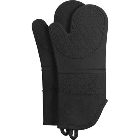 Gants de cuisine résistants à la chaleur (lot de 2) - Gants de cuisine - Gants de cuisine isolants thermiques - Gants épais pour micro-ondes - Noirs - Silicone noir (1/5)