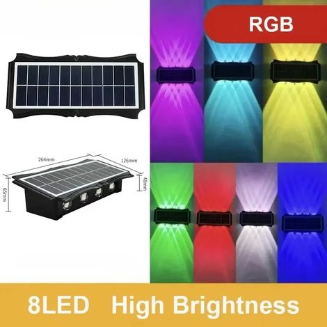 (1 lampe LED RGB 8 LED) Lampe solaire extérieure étanche à LED, éclairage mural solaire à allumage automatique, compatible avec les porches, garages, cours, terrasses et jardins. (1 lampe LED RGB 8 LE (1/5)