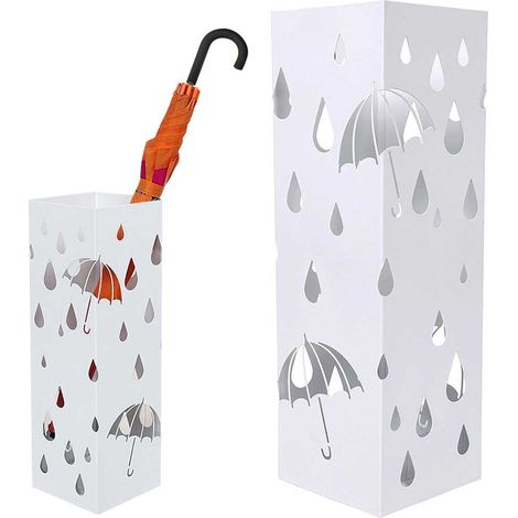 Portaombrelli in Metallo Design Quadrato Stand Bianco Vaschetta Salvagoccia (1/4)