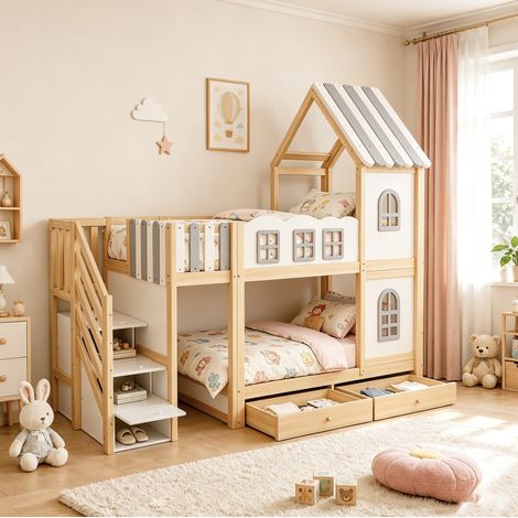 MODFU – Litera infantil 90x200 cm de madera blanca/gris con cabaña, techo, barandillas nube, escalera de almacenamiento y cajones – Blanco/gris (1/5)