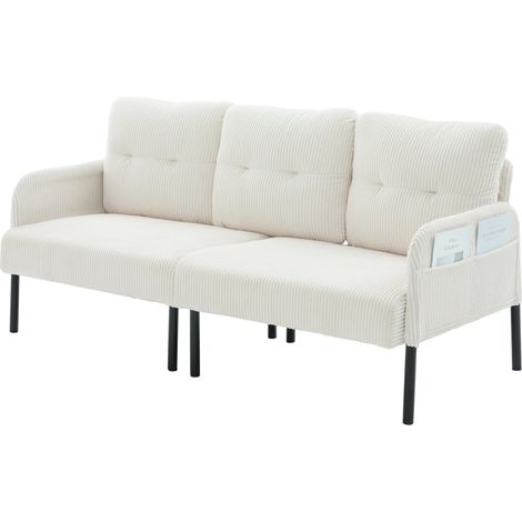Sofá de 3 plazas de pana beige con respaldo alto, bolsillos laterales y patas metálicas HOMVRA (1/5)