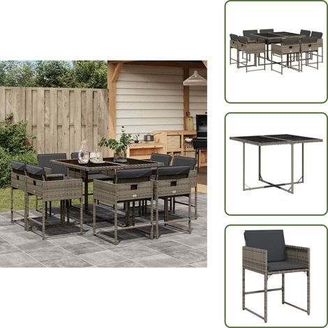 9-tlg. Garten-Essgruppe mit Kissen Grau Poly Rattan - Gartenmöbel - Essgruppe - Gartenset - Outdoor Möbel - Terrassenmöbel (1/5)