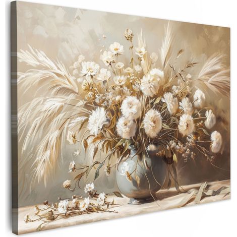 TABLEAU SUR TOILE Fleurs - Vase - Nature morte - Beige Tableau Décoration Murale Salon Tableaux muraux 80x60 cm