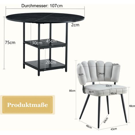 Table ronde salle à manger 107 cm avec rangement intégré + 2 chaises grises claires dossier fleuri en tissu, mobilier industriel compact pour studio ou petit espace. (1/5)
