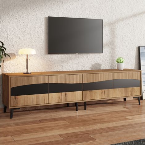 Meuble TV 1804050 cm, couleur bois + support TV noir, meuble TV avec 4 armoires, meuble de salon avec 8 pieds, capacité de charge recommandée 30 kg, design symétrique, meuble bas (1/5)