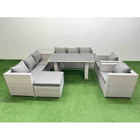 Fimous 9 Seater Wicker PE Rattan Furniture Outdoor Dining Table 3 Seater Sofa Armchair Set with Side Table Big Stool Light Grey (1/5)