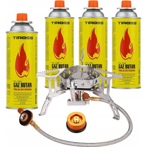 FORNELLO A GAS PORTATILE DA VIAGGIO, DA CAMPO + ADATTATORE + 4 BOMBOLETTE DI GAS DA 400 ML