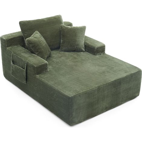 Sofá cama individual de pana verde HOMVRA con bolsillos laterales, cojines y sin montaje (1/5)