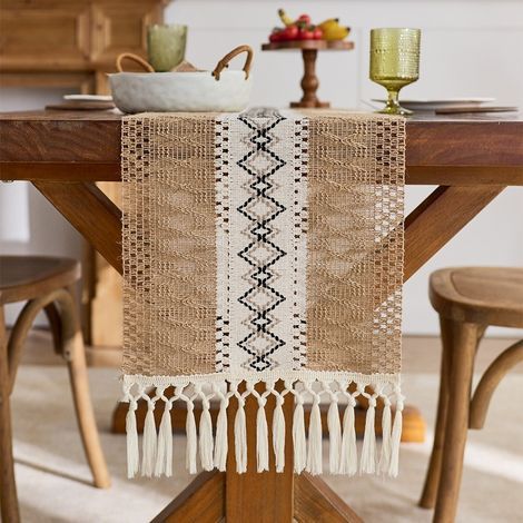 Tissage losange 30x300cm Chemin de table en coton vert à pompons, motif ajouré noué, nappe de cuisine de style campagnard.-NANOTEH (1/5)