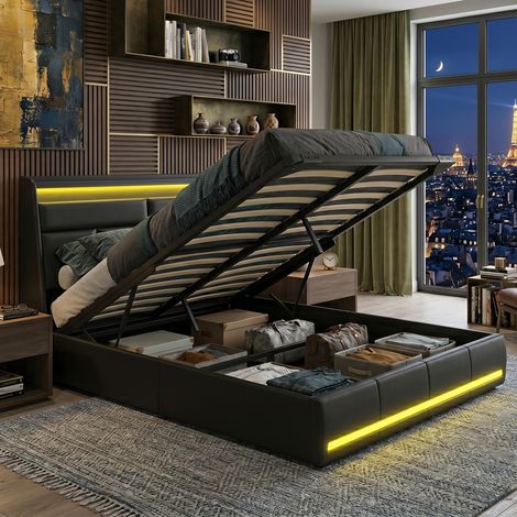 Creahappy Lit Coffre Double 160x200 cm avec LED et Rangement Hydraulique, Cadre de Lit Capitonne Similicuir PU Noir, Gain de Place (1/5)