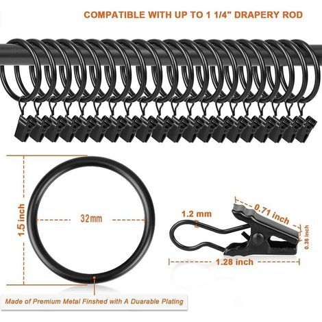 30 Stück Gardinenringe mit Metallclips, robust, rostfrei, für Gardinenstangen (1/4)