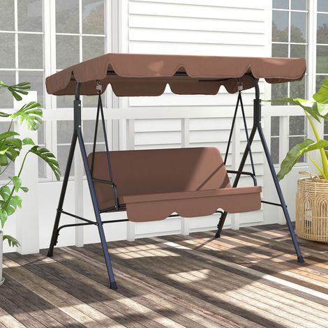 Altalena da giardino a 3 posti con tetto inclinabile regolabile e cuscini, 172 x 110 x 153 cm, acciaio nero, poliestere marrone