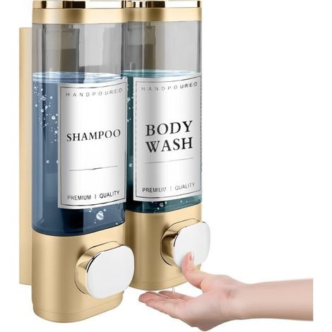 Dispensador de jabón mural, dispensador de gel de ducha, dispensador doble para champú y acondicionador, no requiere perforación, ABS, para baño, cocina, mercado, hotel, restaurante, 300 ml (dorado) (1/3)