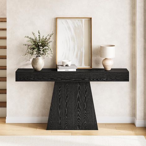 Table console Tribesigns 160 cm, table moderne noire en bois avec pied trapézoïdal pour salon, entrée, couloir ou derrière canapé