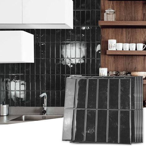 Lot de 10 feuilles de carreaux muraux autocollants rectangulaires pour cuisine, salle de bain, salon - Motif crédence - 30 x 30 cm - Noir (1/5)