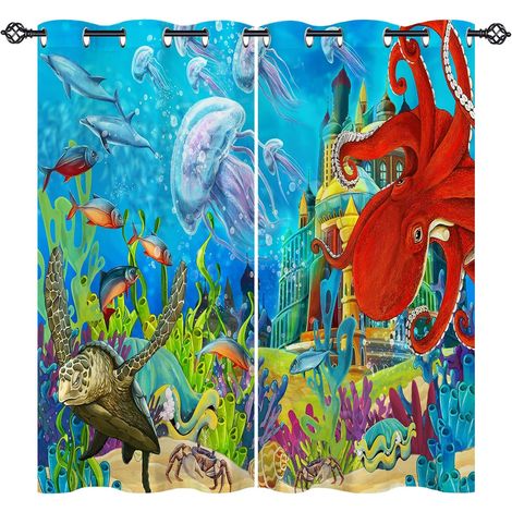 Rideau Occultant Océan Château Pieuvre Tenture Opaque à Oeillets Draperies Intérieurs Rideau Thermique Isolant pour Maison Chambre Salon Fenetre 2 Pièces L 77 x H 160 cm - 77L X 160H cm (2 Panneaux) (1/5)