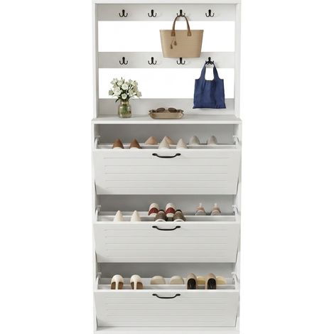 Meuble à chaussures avec 3 portes, 8 crochets et 3 étagères, rangement d’entrée blanc pour 10 à 15 paires, style moderne et minimaliste pour hall  CHICFURN (1/5)
