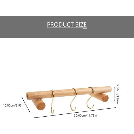 30 cm hoher, wandmontierter Handtuchhalter aus Holz mit 3 Messing-S-Haken, bohrfreier Montage und Ablage für Tassen (1/4)