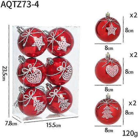 Boule de Noël rouge de 8 cm, en gelée, avec étoiles et cœurs peints, idéale pour décorer un sapin. Coffret de décorations de Noël. (1/5)