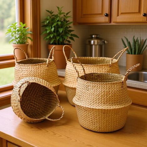 Cache‑pot tressé en paille naturelle pliable avec poignées, panier à plantes intérieur déco 22 × 18 × 19 cm (1/4)