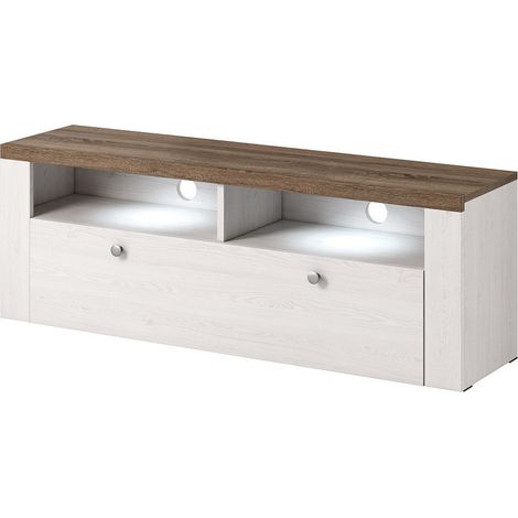 Mueble TV 140cm colección SANTIAGO. Color blanco efecto madera y roble. 1 Puerta