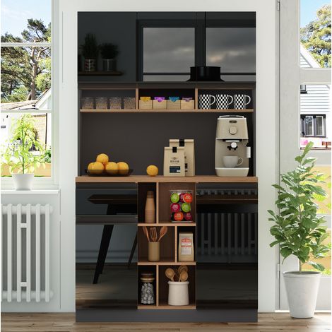 Buffet de cuisine 105 x 45 x 185 cm, MDF noir, tiroir, étagères réglables, REDOM (1/5)