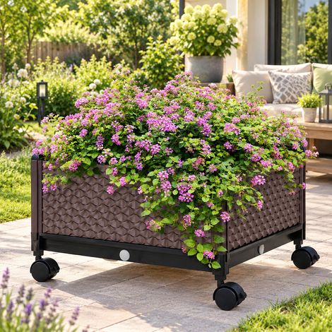Jardinière surélevée à roulettes avec trous de drainage, système d'arrosage automatique pour terrasse ou balcon, 50 x 50 x 33 cm, marron (1/5)