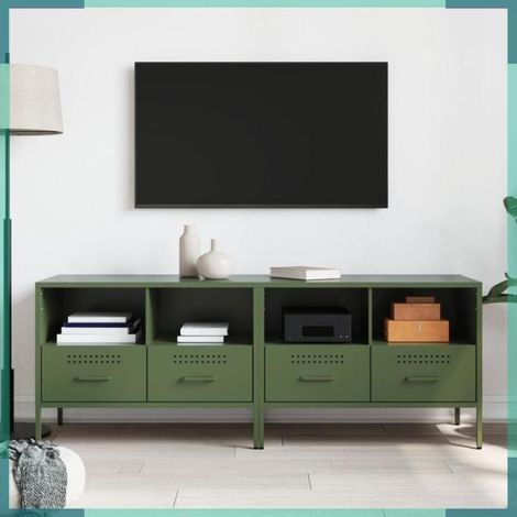 Meuble TV - 843051 - Vert olive - Acier laminé à froid - 2 compartiments et 2 tiroirs (1/5)