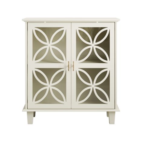 Buffet avec étagères réglables, meuble de salle de bain indépendant avec portes en verre trempé, console de cuisine rétro moderne, meuble de rangement décoratif à deux portes, crème