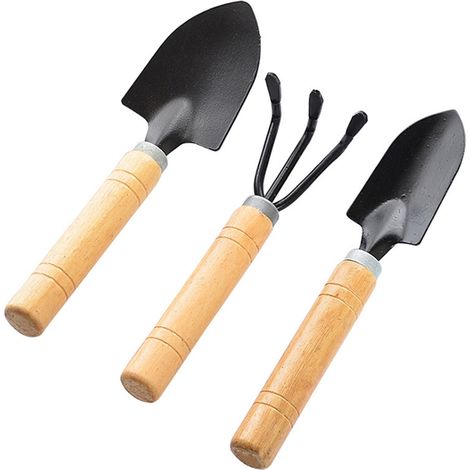 Set De 3 Outils De Jardinage - Pelle Miniature Râteau Et Bêche Pour Potager En Intérieur Et Extérieur - Poignée En Bois - 3 Pièces (1/5)
