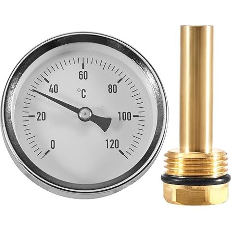 Bimetal Thermometer Diameter 63 mm 0-120 °C with G1/2 Connection and Diving Sleeve for Hot Water Pipes, Radiators, Heating Systems and Boilers, Analogue Thermometer (1/5)
