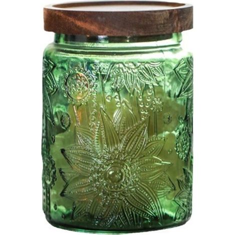 Bocal en verre avec couvercle en bois massif, motif tournesol, 700 ml, vert () (1/4)
