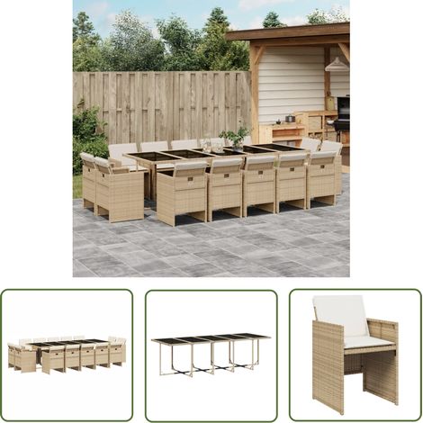 The Living Store 15-tlg. Garten-Essgruppe mit Kissen Beige Poly Rattan - Gartentisch - Gartenmöbel Set - Outdoor Möbel - Esstisch - Gartenstühle (1/5)