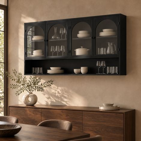 Wand-Hängeschrank mit 4 grauen Glastüren, 120 x 23 x 70 cm, Schwarz OKMYHOME (1/5)