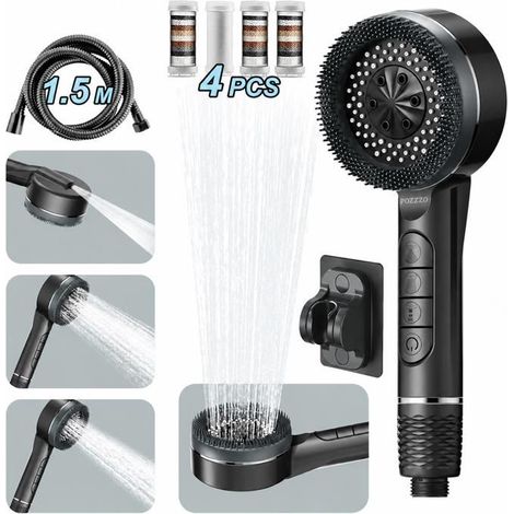Soffione doccia con 4 filtri + tubo flessibile da 1,5 m + supporto, alta pressione, doccia economica, doccia anticalcare per il bagno. (1/5)