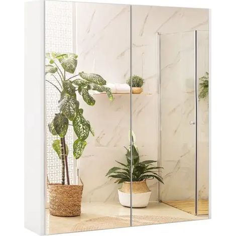 Medicine Cabinet with Mirror and Double Mirrored Doors -White (1/5)