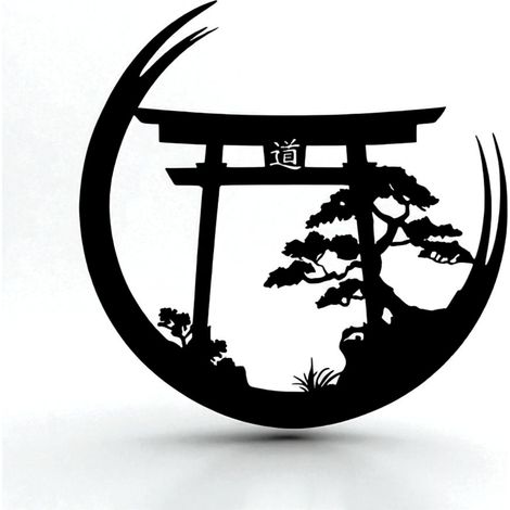 Décoration murale japonaise Torii Gate & Bonsaï en métal découpé, design zen minimaliste pour méditation