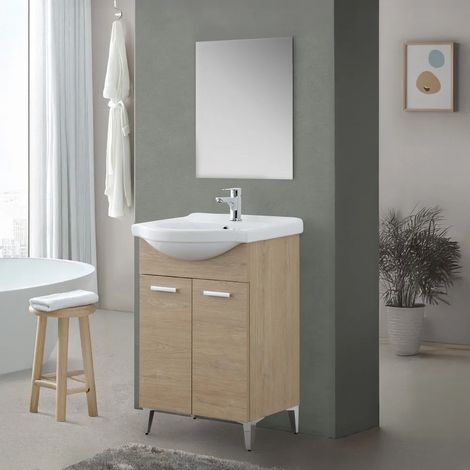 Mobile bagno a terra 55 cm Rovere Dolomite completo di lavabo e specchio Desya (1/5)