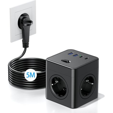 Cube Multiprise 8-en-1 avec Interrupteur, 4 Prises avec 2 USB-A et 2 USB-C, multiprise Power Cube avec Anneau de Traction, câble de 5m pour la Maison/Le Bureau, Noir (1/5)