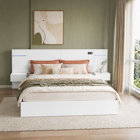 Letto matrimoniale MDF bianco 160x200 cm con rete inclusa, USB, USB-C, Bluetooth, luci LED e 2 comodini (1/5)