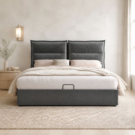 Letto 140x200 cm con contenitore, testiera regolabile, velluto grigio e materasso – MEUBLIV (1/5)