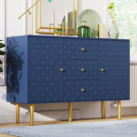 Credenza con 2 ante e 3 cassetti, ripiano regolabile, 120 x 40 x 83 cm, blu navy HAVRYA (1/5)