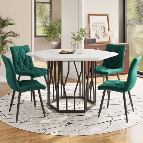 Ensemble table et chaises salle à manger 115,10x100, design moderne hexagonal plateau marbre blanc, chaises velours vert (1/5)
