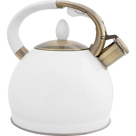 Bouilloire à gaz universelle blanche de style européen avec sifflet et poignée en bronze électroplaqué.