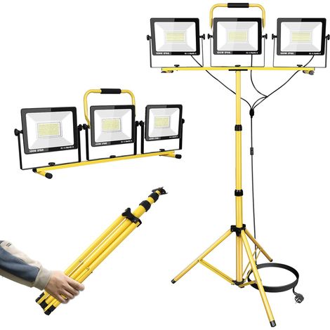 Projecteur LED de chantier 300W avec trépied, 30000LM triple tête portable, lumière de travail, intérieur/extérieur, Câble 5m, 175-265V, Étanchéité IP66, pour atelier, garage (1/5)