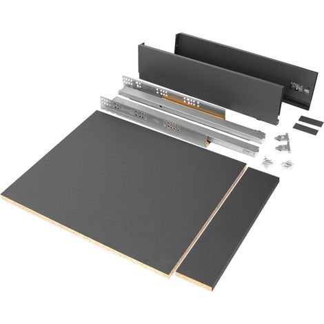Emuca Kit de cajón para cocina o baño Vertex de altura 93mm con regulación 3D, tableros incluidos, módulo 450mm, Gris antracita - (1/4)